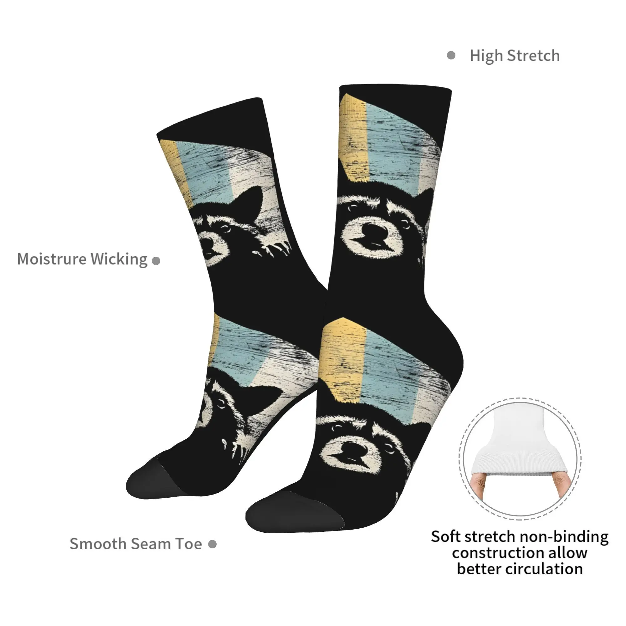 Happy Funny Men's Socks Racoon Retro Harajuku  Street Style Seamless Crew Sock Gift Pattern Printed