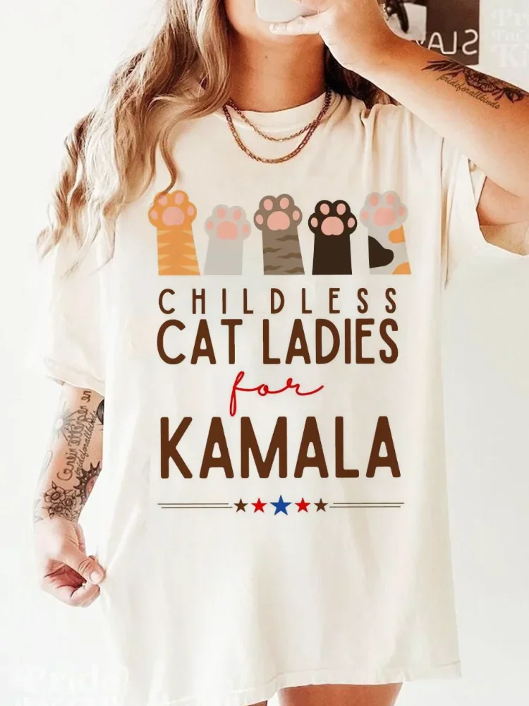 Childless Cat Lady For Kamala Funny Election Casual Fun Versatile Loose Daily Women's Round Neck Fashion Short Sleeve Top T-Shir