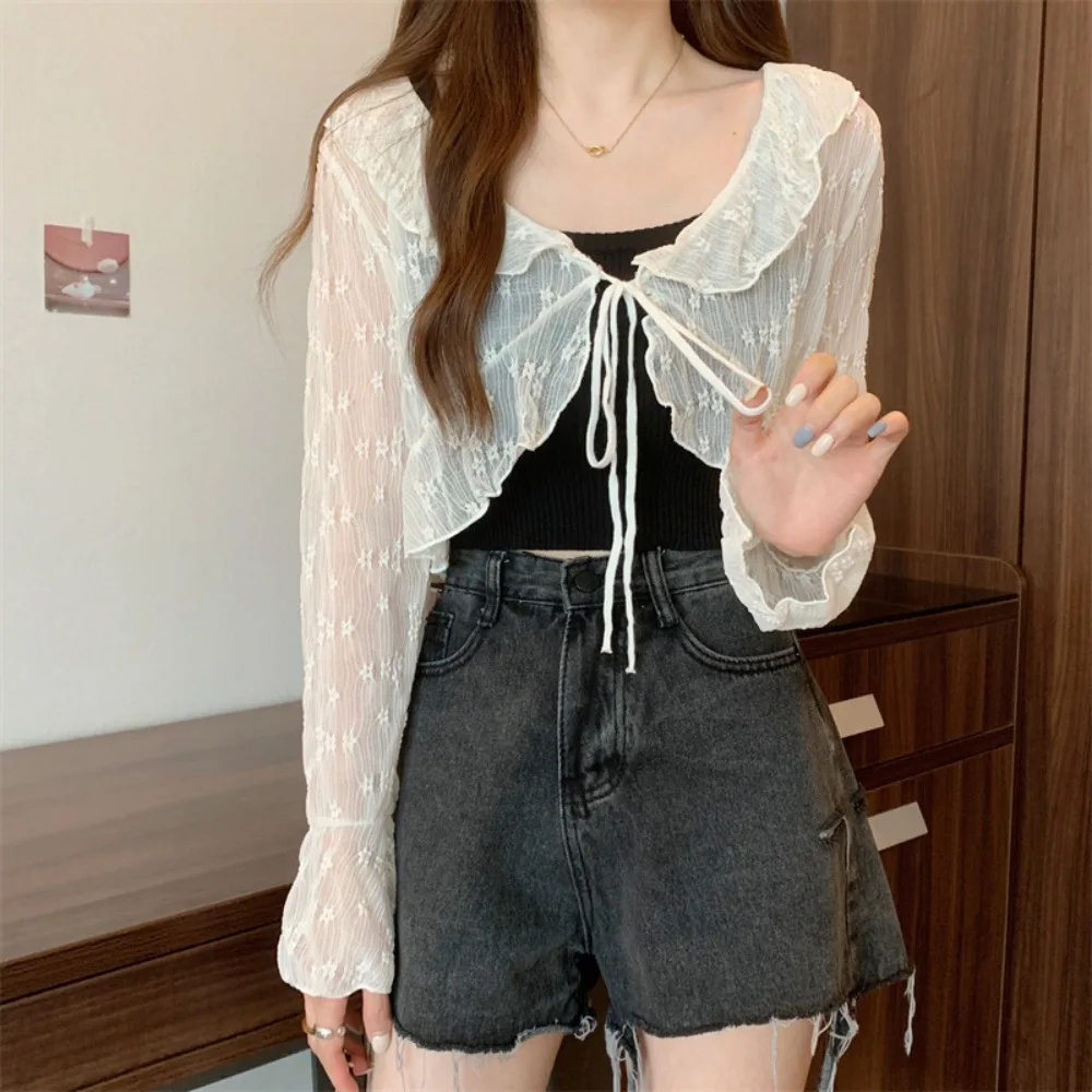 

Floral Flower Thin Sunscreen Cardigan Top V-neck Ruffled Edge Knitted Long Sleeves Sunscreen Top Beach Wear Korean