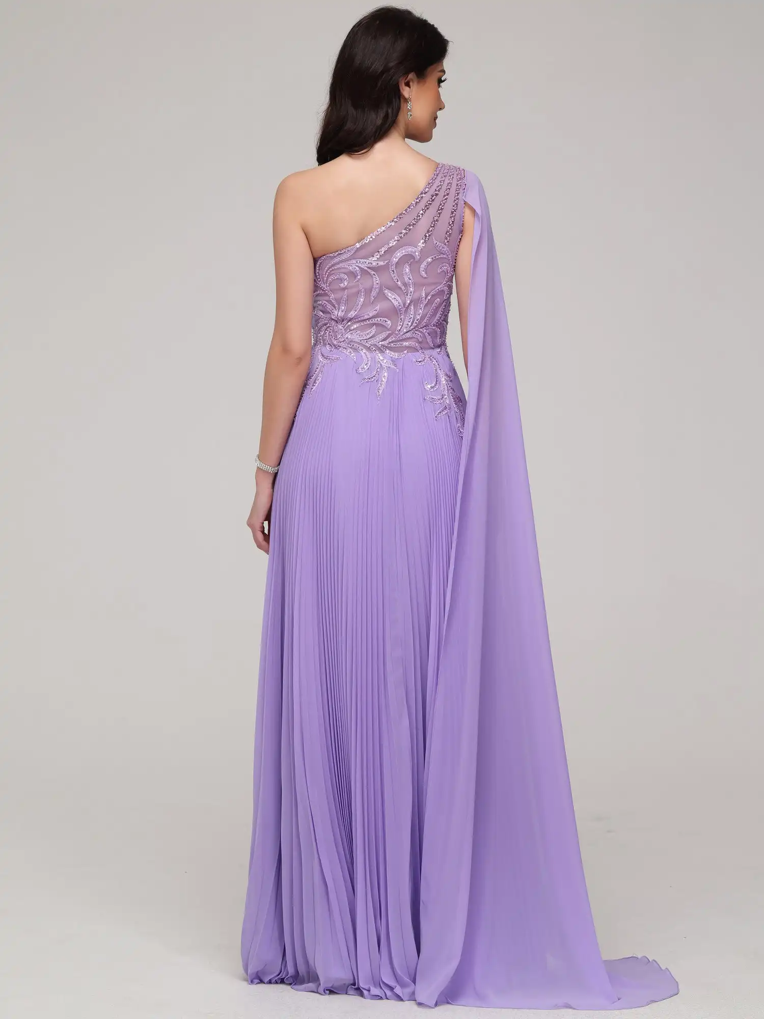 Een Schouder Chiffon Prom Dress Kanten Flowy Lovertjes Geappliqueerde Lange Avondjurk Kralen En Ruches Een Lijn Formele Jurken Voor Vrouwen