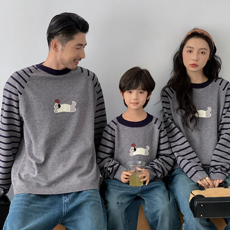 2025 Autumn Mother Daughter Matching Sweater with Cute Dog Print Knit Top Family Outfit Long Sleeve Pullover for Parent-child