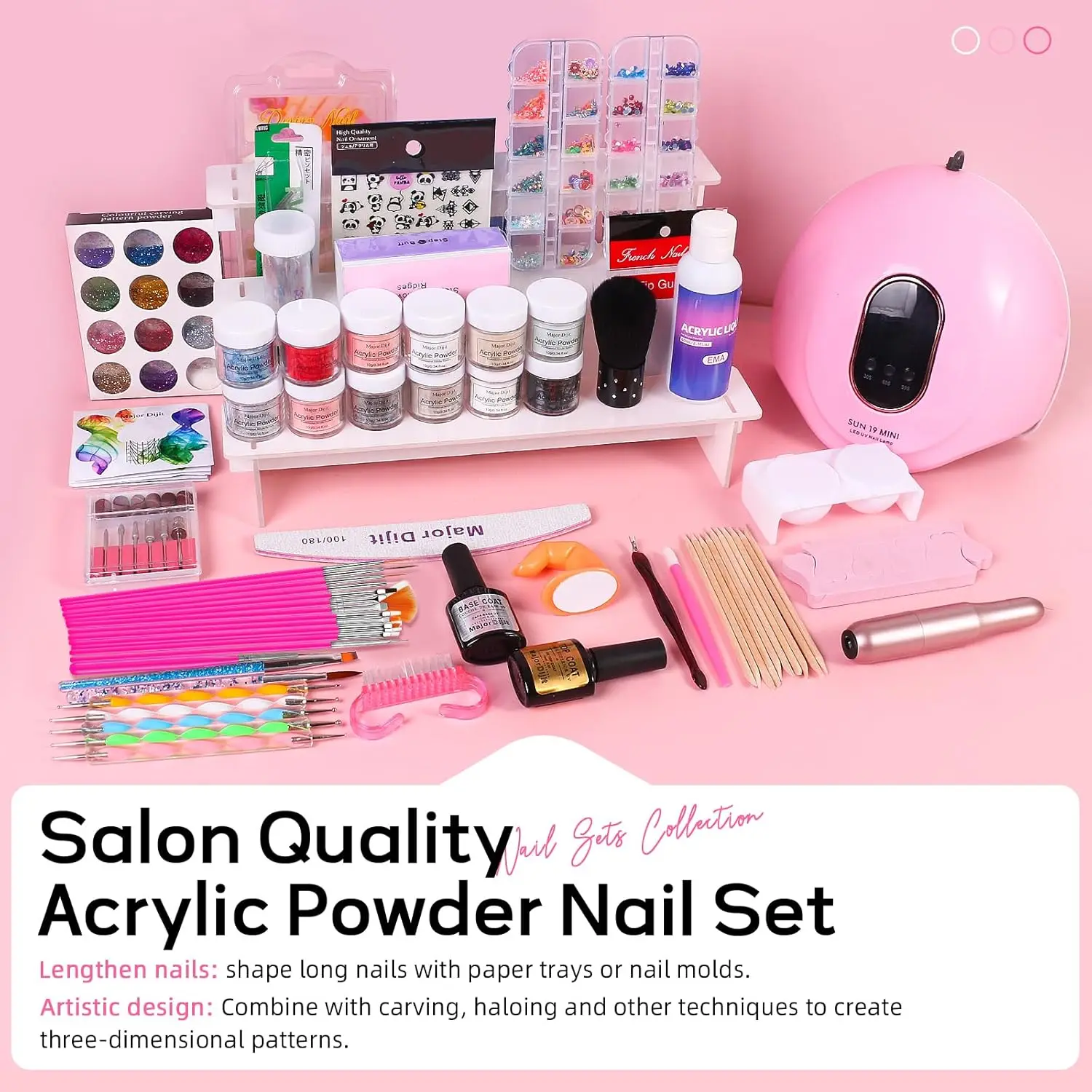 طقم أظافر أكريليك مع مصباح LED ومثقاب كهربائي - مسحوق 12 لونًا، مونومر، قاعدة/معطف علوي، أطراف، لامعة، ساحرة #2