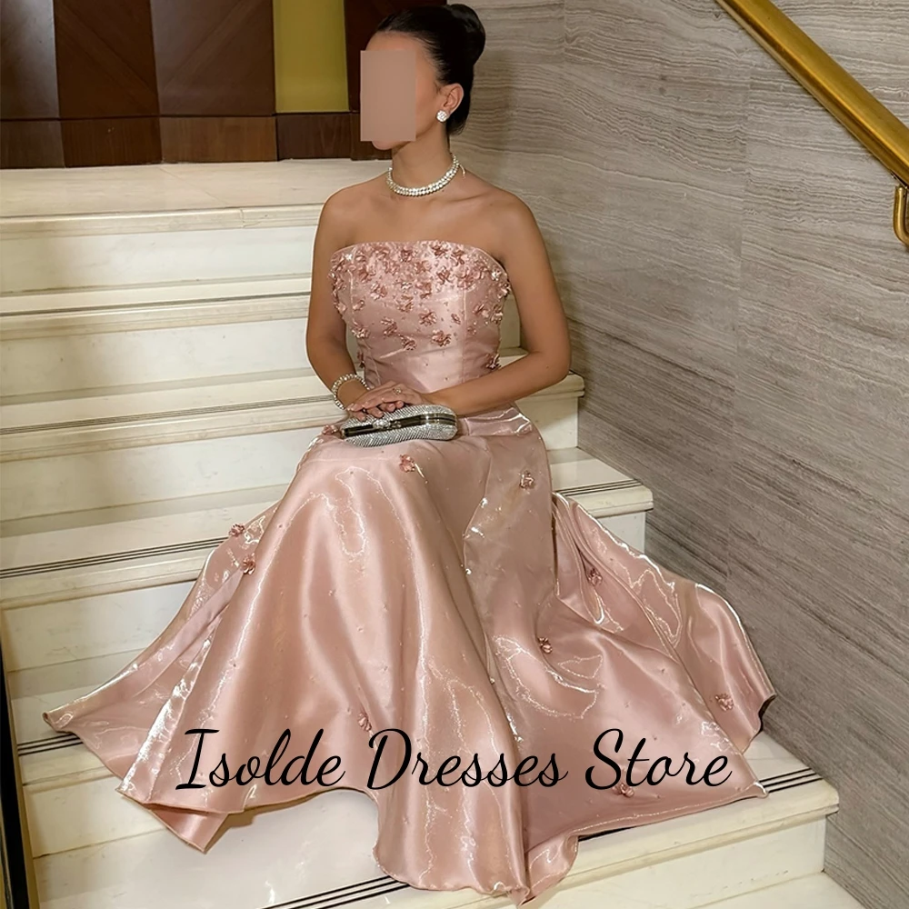 Sparkly Pink Satin Evening Dress Customized Strapless Sleeveless Homecoming Dresses Charming Flowers Zipper Back Celebrity Gowns