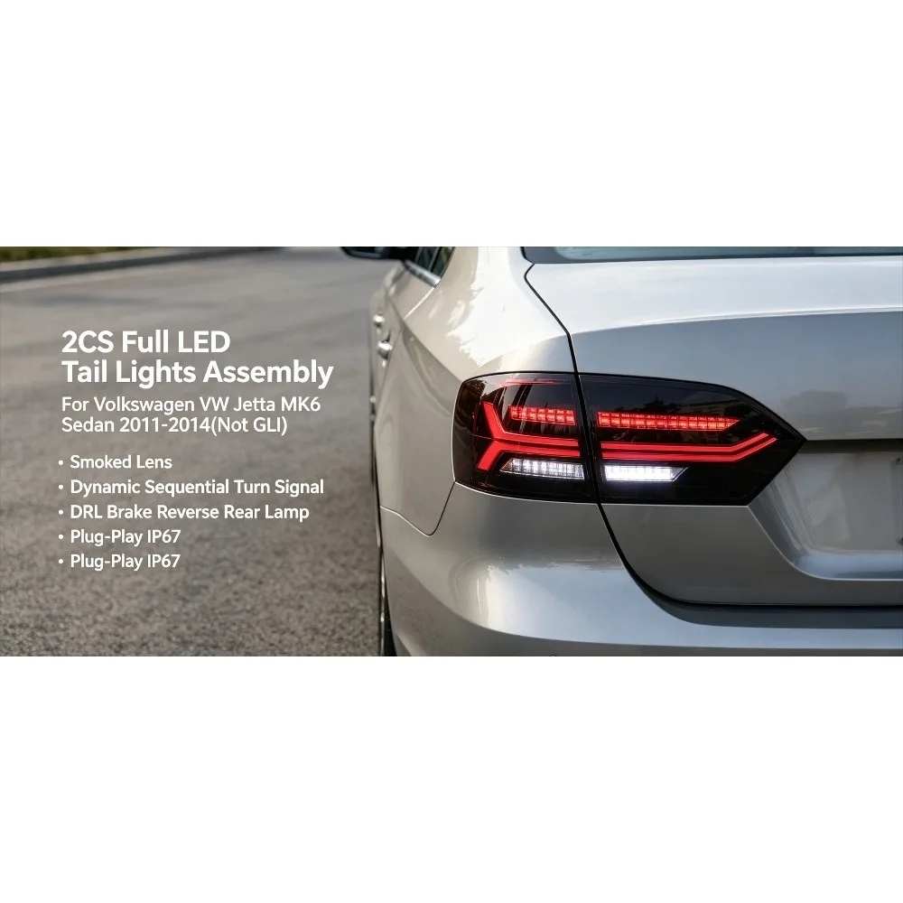 2 Stück Voll-LED-Rückleuchten-Set für Volkswagen VW Jetta MK6 Limousine 2011-2014 (nicht GLI) mit getönter Linse, dynamischem sequenziellem Blinker, DRL, Brems- und Rückfahrleuchte, Plug-and-Play,