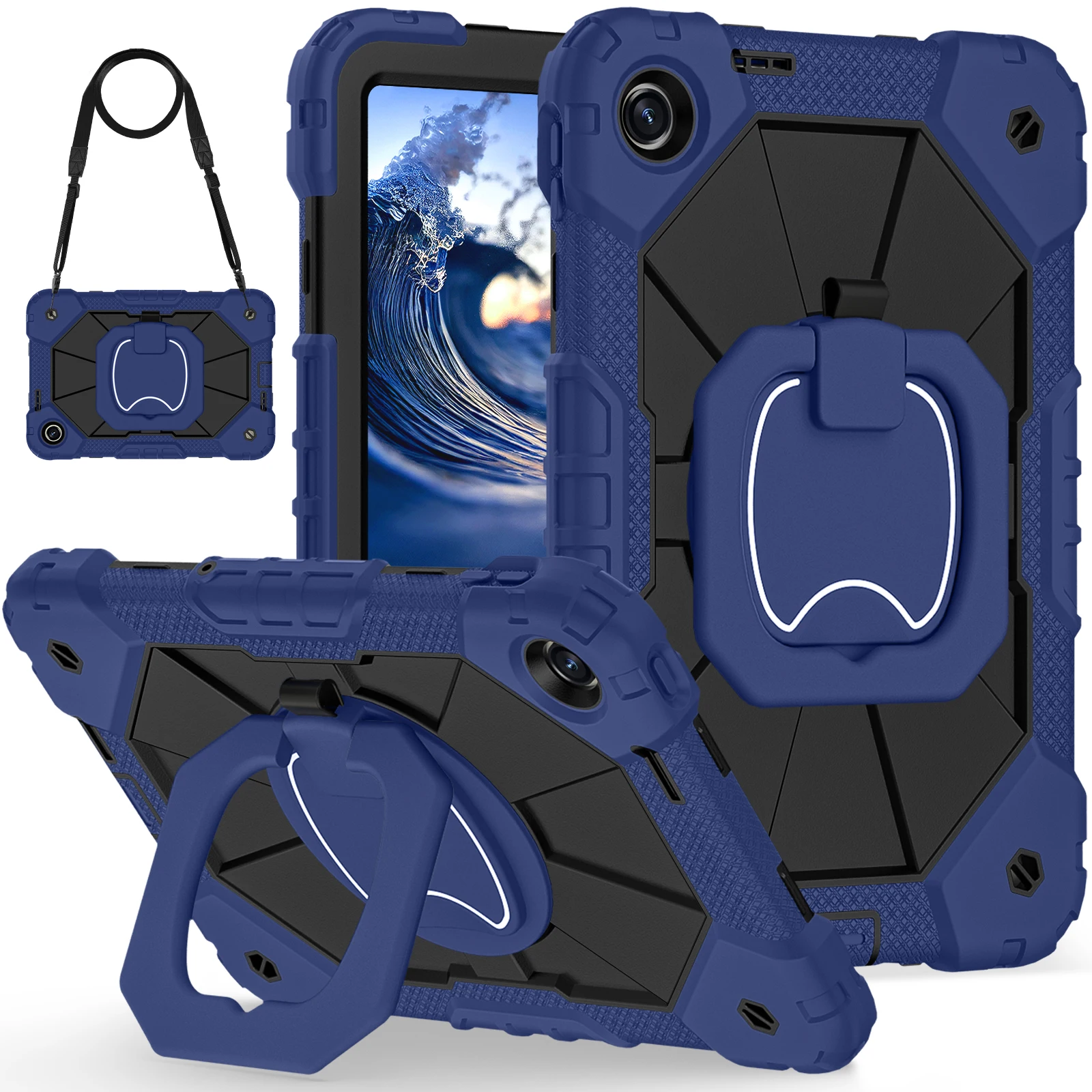 For Xiaomi Redmi Pad 2 SE Case Silicone + PC Hand Grip Kickstand Tablet Cover with Shoulder Strap - Navy Blue+Black
