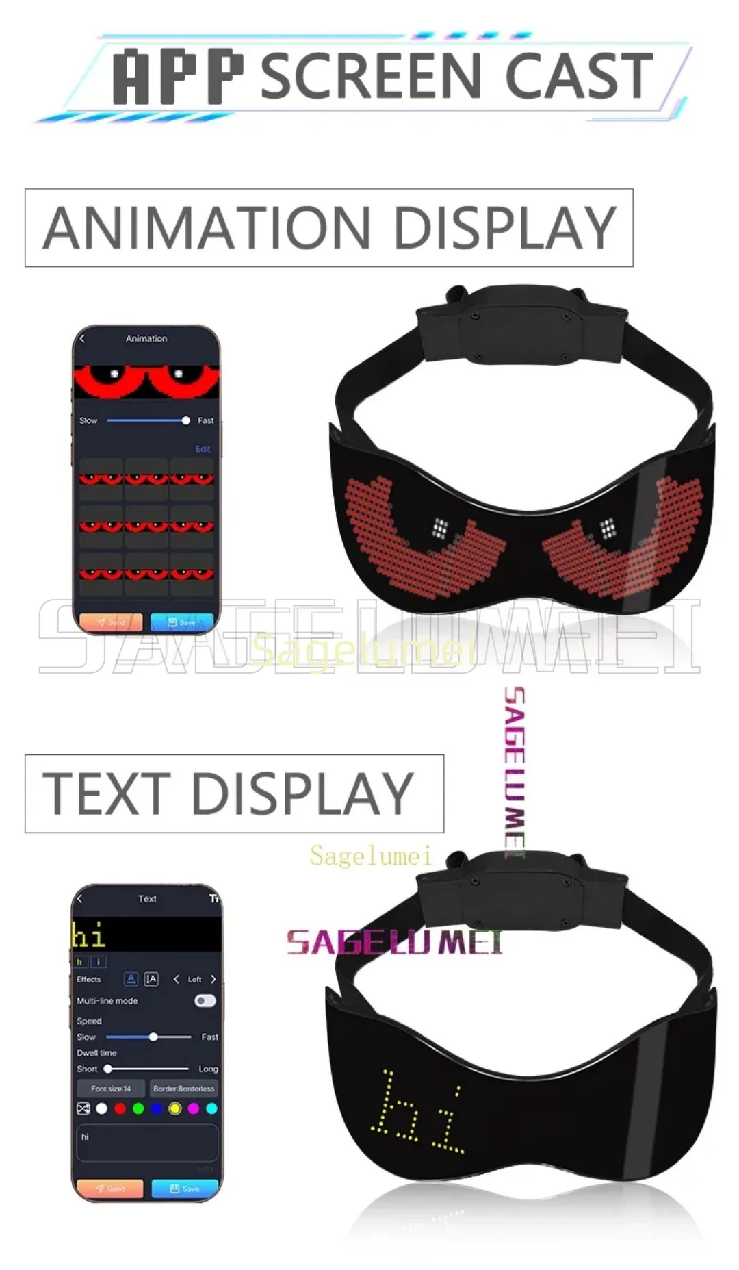 Kacamata LED Devil's Eye 2025 Kontrol Aplikasi Lampu Menyala untuk Pesta Koneksi Bluetooth Kontrol Aplikasi Dapat Diprogram DIY Teks Grafiti Animasi