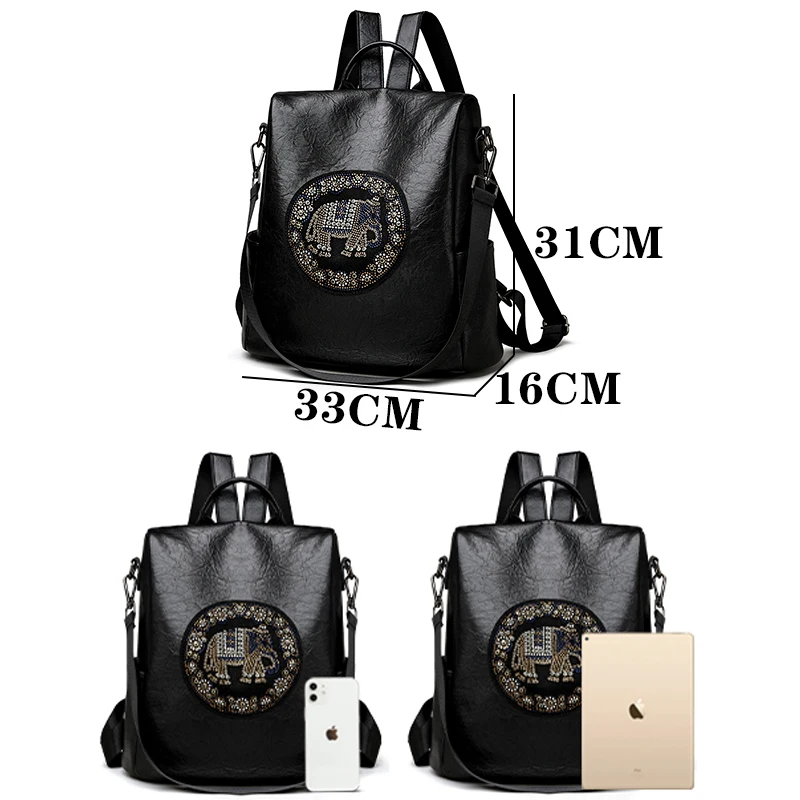 Mochila con diseño de diamantes con tachuelas de elefante para mujer, mochila antirrobo de gran capacidad, mochila de viaje de cuero de alta calidad