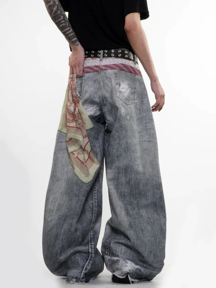 2026 American Retro Y2K Style 3D Printed Tie Design Washed Blue Baggy Jeans Pants For Men Clothing Wide Leg Loose Denim Trousers - view 2