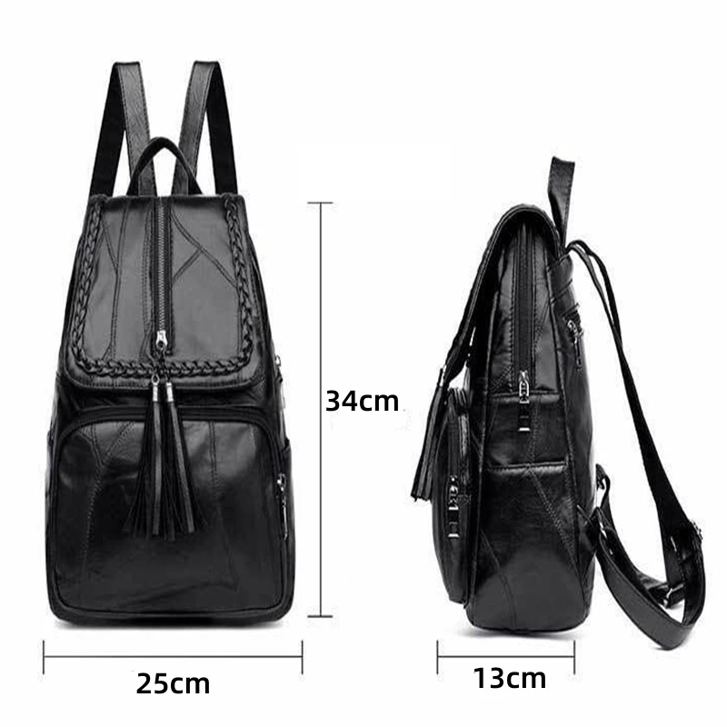 Mochila escolar de cuero PU para mujer, bolso de hombro de viaje impermeable, negro clásico, multifunción