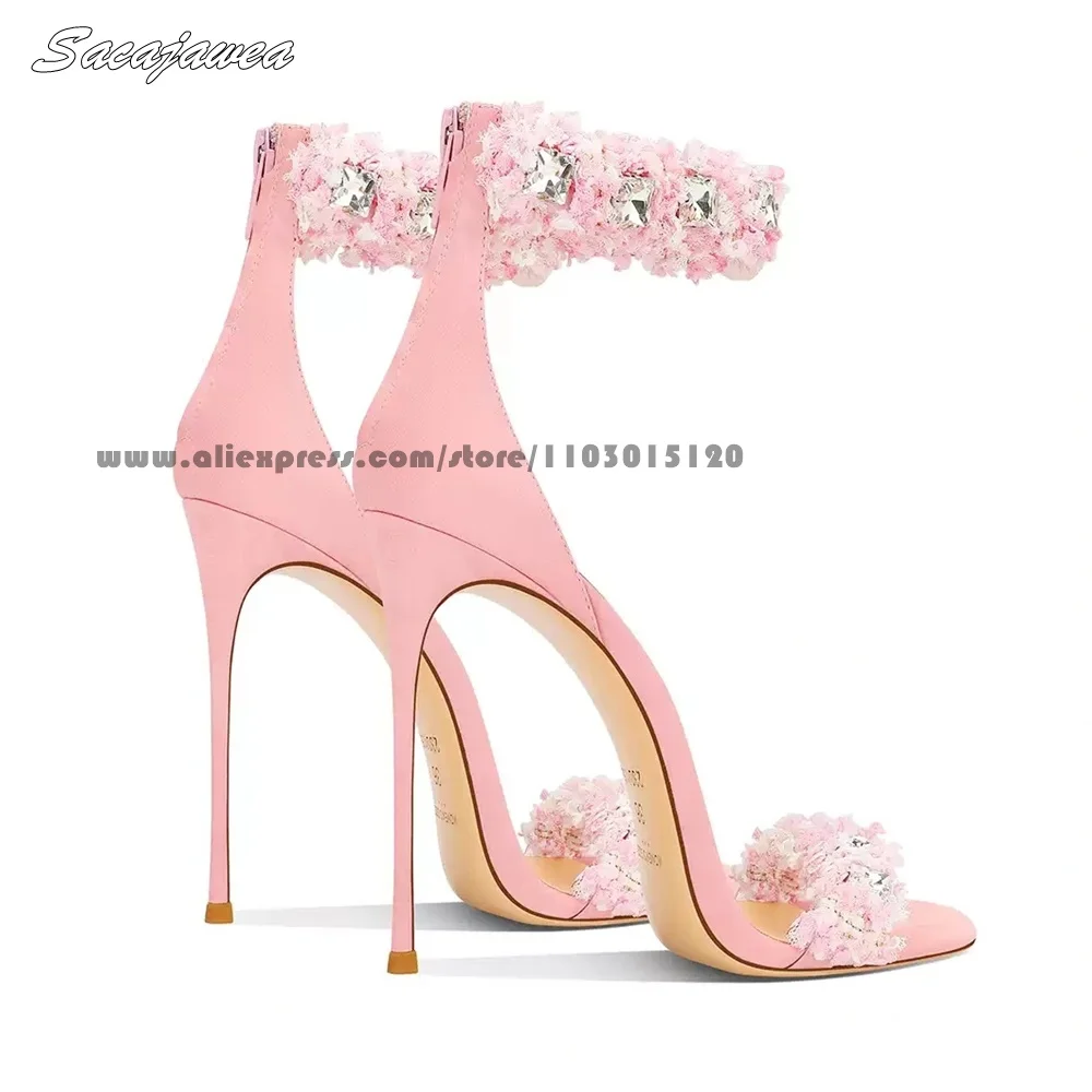 Sheepskin Sole Flower Crystal Ankle Strap Sandals Open Toe 10CM Heel Sexy Stiletto High Heels Solid One Word Belt Party Sandals