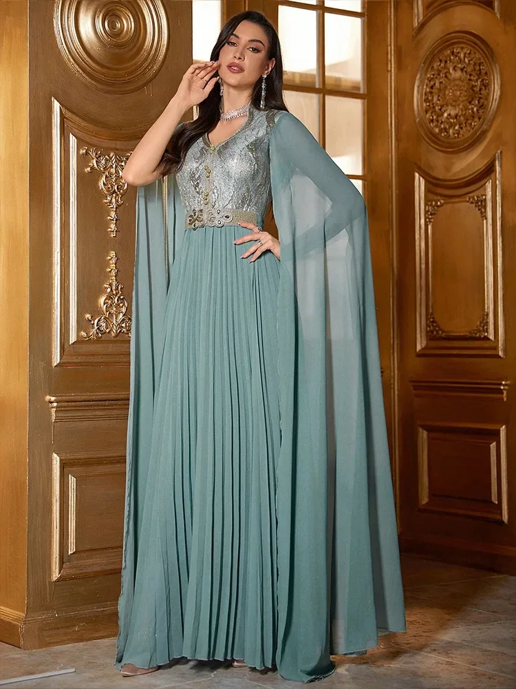 

Muslim Saudi Women Elegant Ethnic Dresses With Sashes Super Long Sleeve Turkish African Evening Party Abayas Sexy Chiffon Dress
