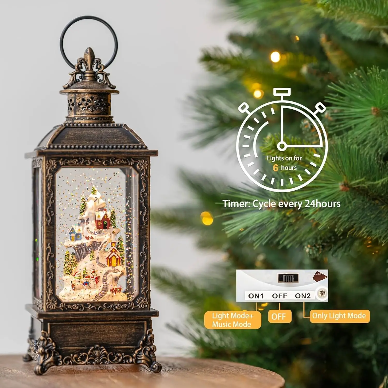 فانوس عيد الميلاد على شكل كرة أرضية ثلجية مع موسيقى ومؤقت، فانوس مضاء مبطن/تشغيل USB لتزيين مهرجان عيد الميلاد