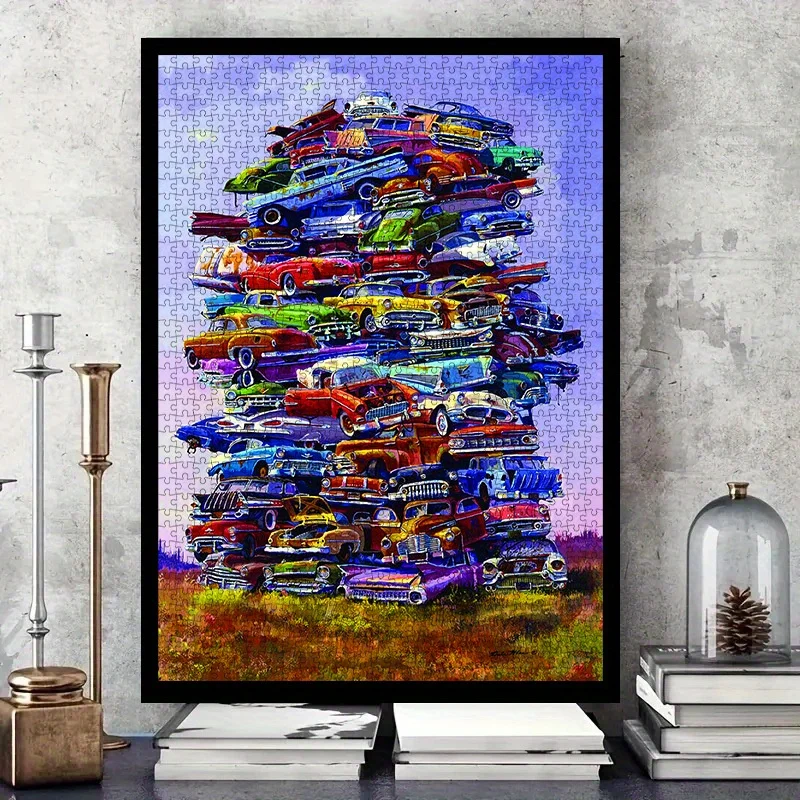 Whimsical Stacked Vintage Cars Scene Jigsaw Puzzle Adult Art Theme Intellectual Game Home Leisure Decorative Puzzle Toy