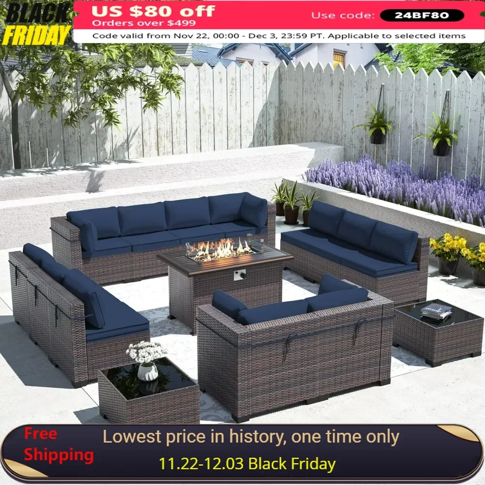 

Outdoor Patio Furniture Set with Gas Fire Pit Table, 15 Piece Outdoor Furniture Set Patio Sectional Sofa w/43in Propane Fire Pit