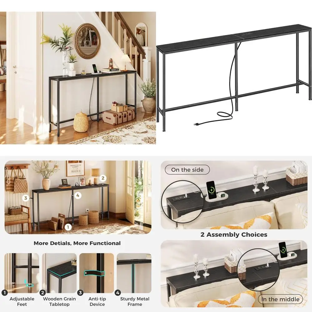 

70-Inch Black Console Table with Outlet, Ideal for Living Room, Sofa, and Hallway Spaces