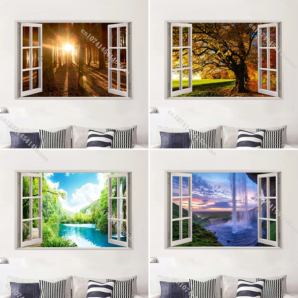 3D Fake Window Landscape Mural Forest Sunshine Path Decorative Wallpaper Removable Waterproof Self-Adhesive Wall Sticker