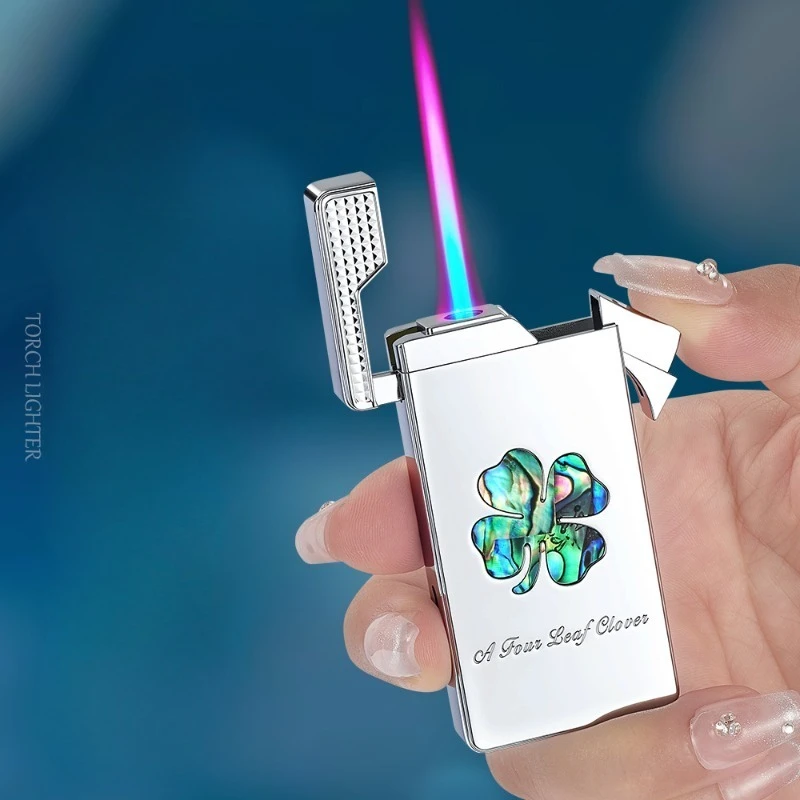 Metal Windproof Torch Lighter Colorful Shell Inlay Four Leaf Clover Engraved Inflatable Gas Lighter Men Gift Smoking Accessories