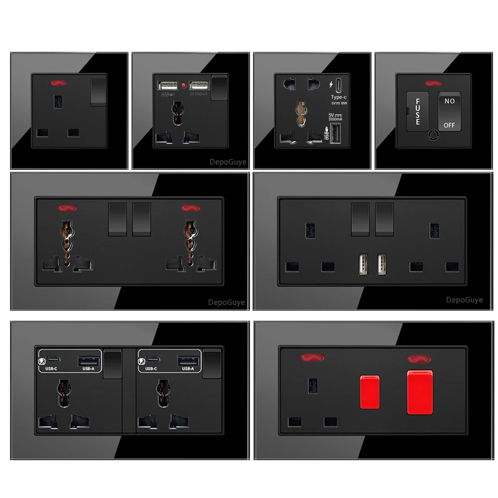 Black UK 13A Wall Socket with USB C 18W Quick Charge Plug Socket, Wall Power Outlet with USB Port, 1-4 Gang Wall Light Switch Pa image 5