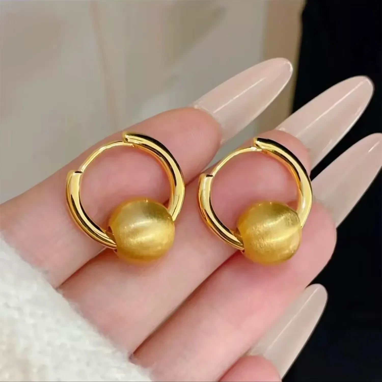 

Luxury 24K 9999 Pure Gold real gold Women's brushed small gold ball earrings exquisite high-grade earrings