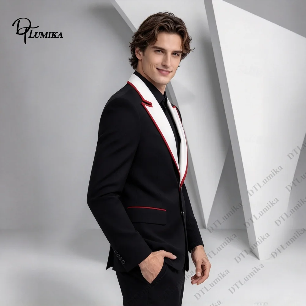 Bespoke Mens Contrast Lapel Suit 2Pcs Black Blazer with White Red Notch Lapel & Trousers, Formal Outfit for Prom Wedding Custom