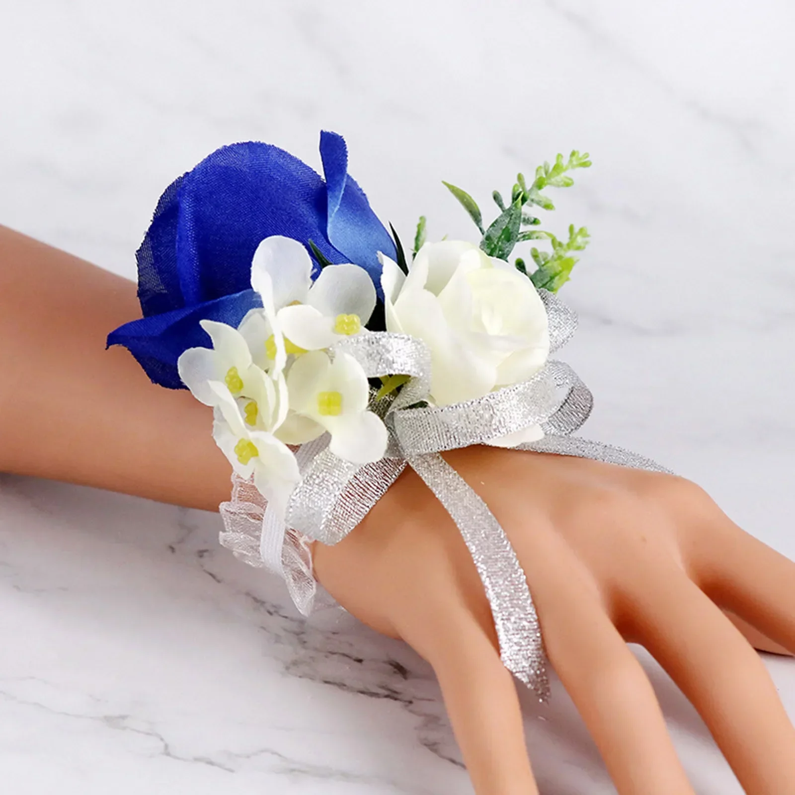 Flor de muñeca azul y ramillete, decoración de graduación, ramillete de rosas, conjunto de pulsera con ramillete de flores para boda, aniversario, fiesta de graduación