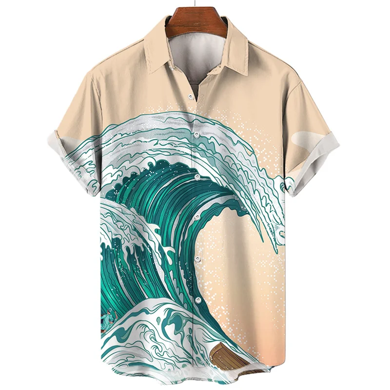 Summer Shirt for men Men's Social Floral Oversized Hawaiian Short Sleeve Shirt Casual Luxury The Waves Cartoon Fashion Clothes