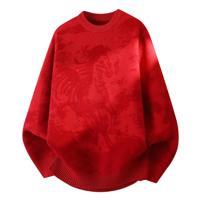 

Красный утепленный свободный вязаный свитер с круглым вырезом для мужчин, повседневный, теплый, зимний, модный, для Нового года