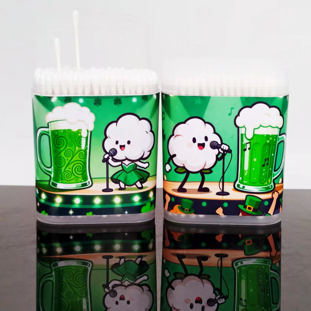 400 Stück/600 Stück Saint Patrick's Day Serie Muster Wattebausch feiner Schaft Peeling Box Urlaub Wattestäbchen