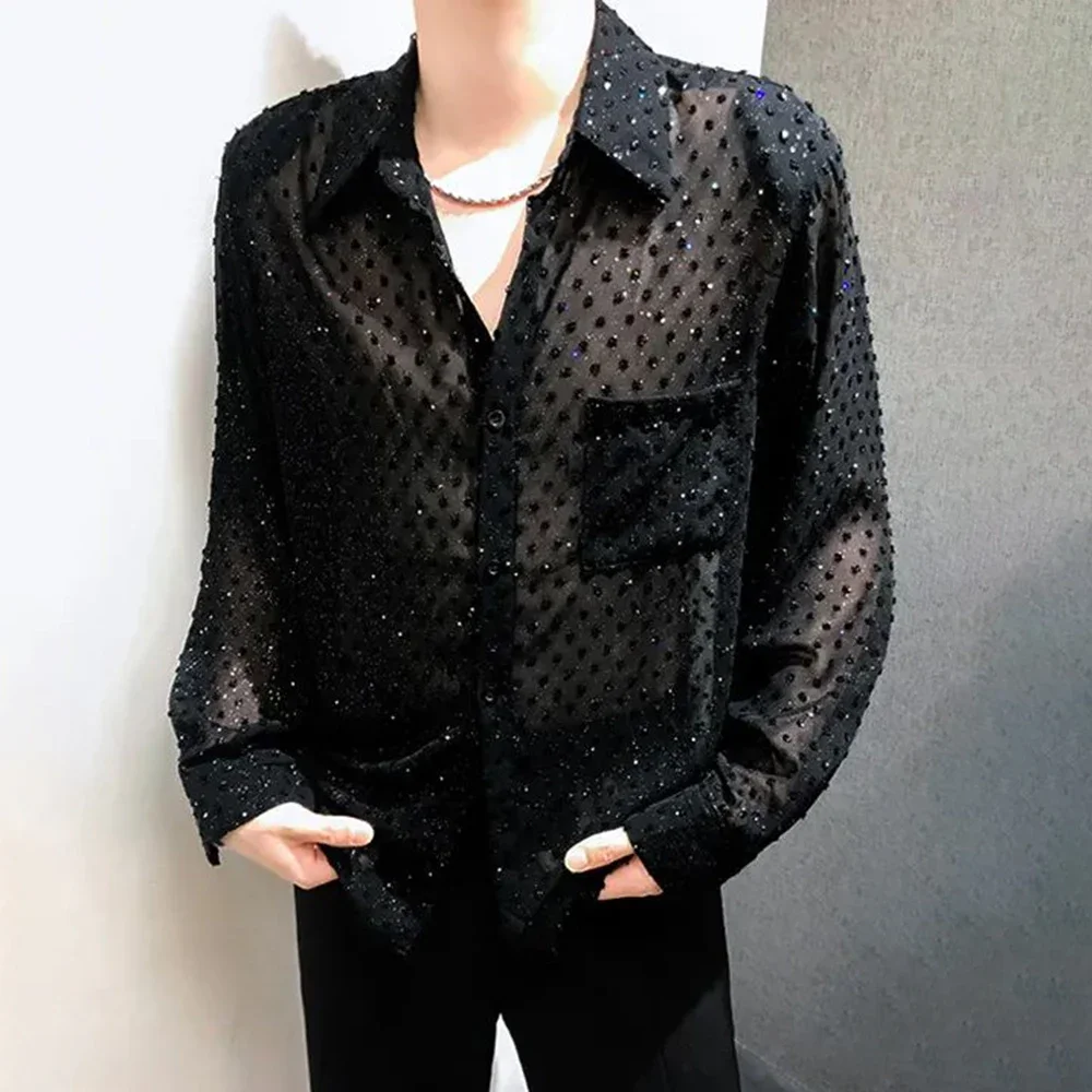 2024 Spring And Autumn New Mens Sexy Mesh See-Through Long-Sleeved Shirts Genderless Fashion Youth Nightclub Shiny Tops Unisex