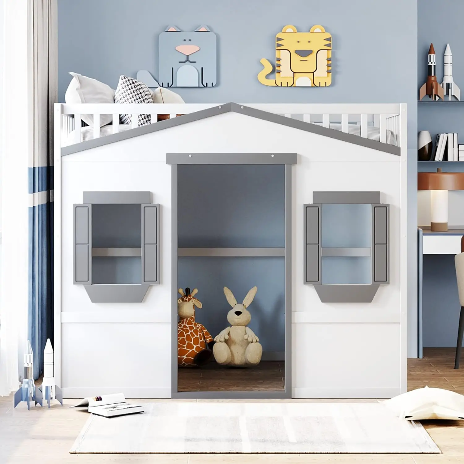 Cama de Loft de tamaño completo con barandilla de seguridad para niños, niños y niñas, diseño de Casa de juegos, marco de cama de Loft de madera maciza con escalera y