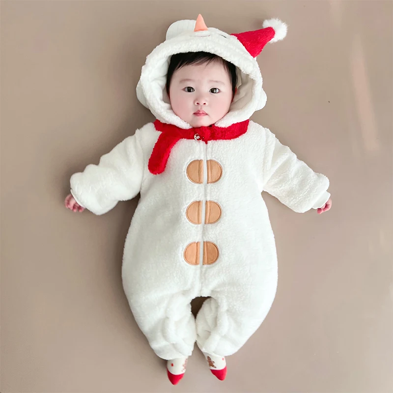 White Sherpa Zipped Hooded One-Piece Christmas Snowbaby Romper For New Year Party Little Snowman Christmas Costume For Baby