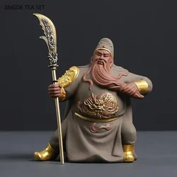 1PCS Small Purple Clay Guan Yu Tea Pet Ornament Wu Caishen Living Room Lucky Decoration Bo Gu Jia Crafts