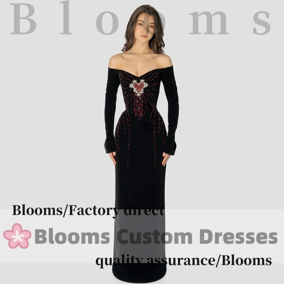 Customized Black Velvet Off Shoulder Heart Beaded Formal Evening Dresses Prom Gown Fitted Maxi Elegant Party Dresses 2026