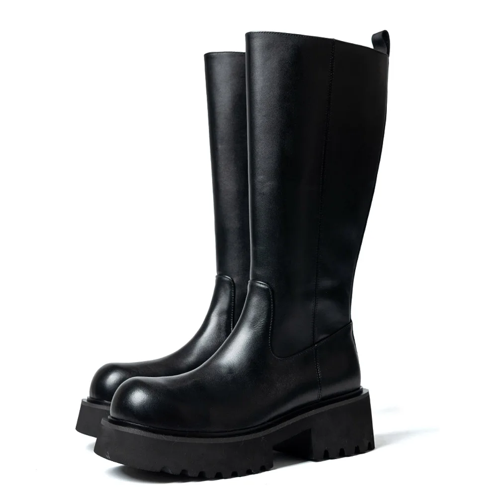 2025Fashion British Style Cow Genuine Leather Motorcycle Boots Platform Mid-calf Modern Riding Boots Slip on Mid Heel