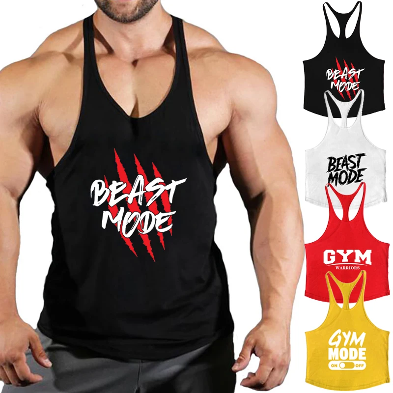 Beast Mode Graphic Stringer Tank Tops for Men Cotton Athletic Y-Back Vest Workout Fitness Bodybuilding Sleeveless T-Shirts Tees