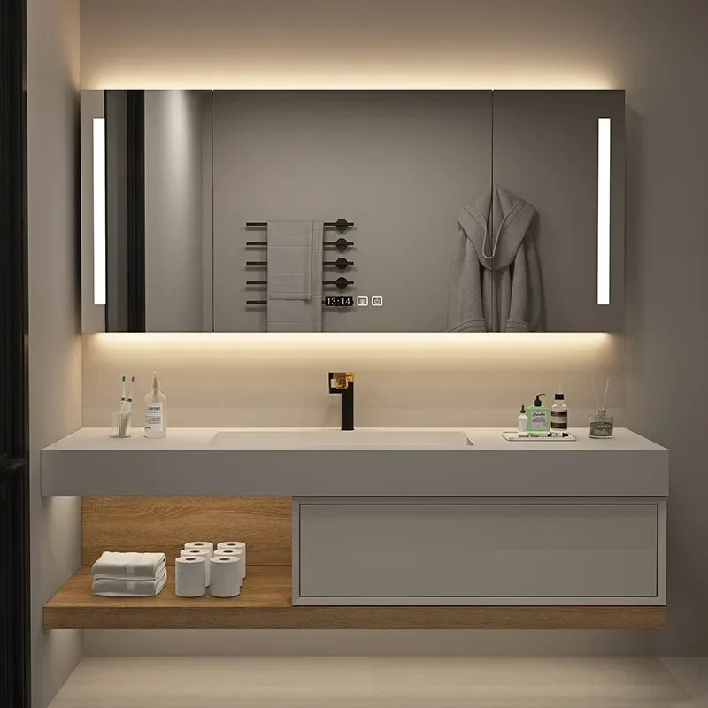 Rock Slab Seamless Ceramic Integrated Basin Bathroom Cabinet Combination Hand Wash Basin Bathroom Cabinet Solid Wood