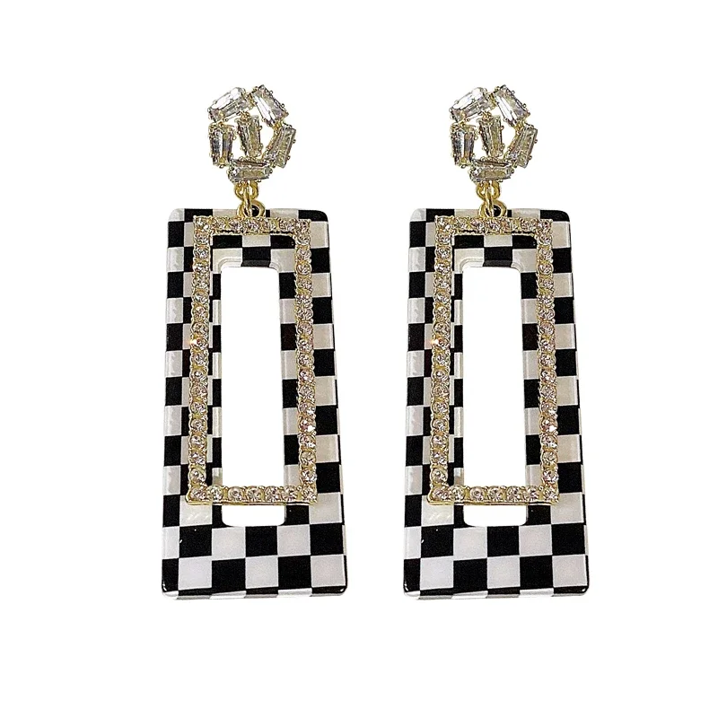 European and American retro fashion black and white grid long women's rhinestone earrings