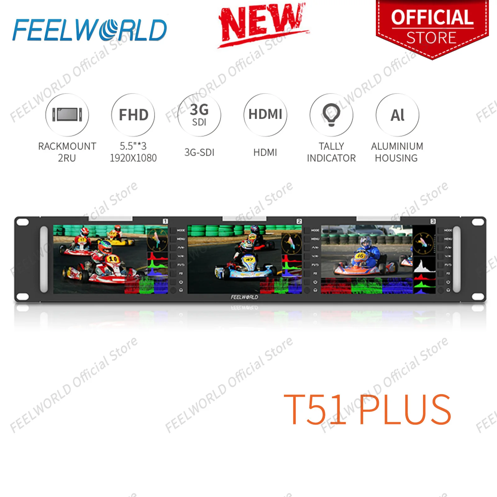 

FEELWORLDT51 PLUS Triple 5.5" 2RU Rackmount Monitor Full HD 3G-SDI, 4KHDMI, Rack Mount Monitor IPS with Accurate Waveform 3D LUT