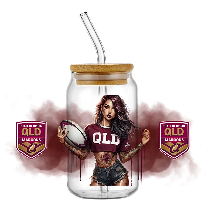 تصميم جديد الرجبي الفتيات سلسلة ثلاثية الأبعاد UV DTF كأس يلتف ل 16 أوقية مقاوم للماء UV DTF نقل ملصق نظارات القدح لتقوم بها بنفسك التفاف ملصق