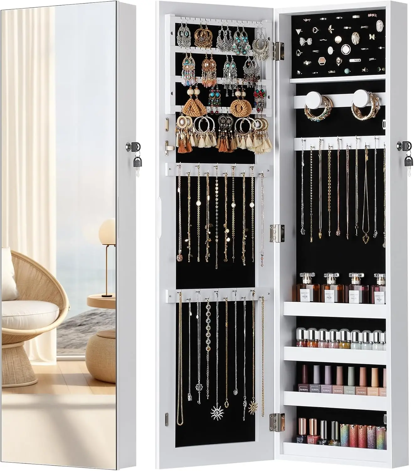 

Full-Length Mirror Jewelry Cabinet with Lock, Wall/Door Mounted Organizer in White - Space-Saving Storage Solution
