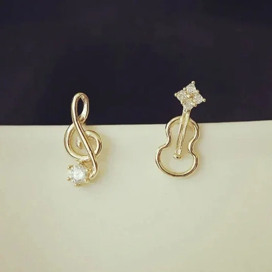 Real 925 Sterling Silver Zircon Hollow Guitar Notes Violin Stud Earrings for Women Cute Fine Jewelry Minimalist Accessories