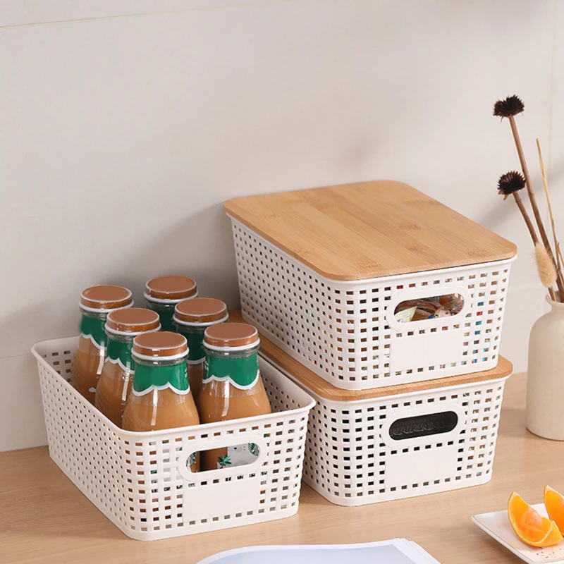 積み重ね可能なプラスチック製収納バスケット-竹製蓋付き-グリッドパターン-デスクトップオーガナイザー-おもちゃ、本、衣類の分類収納用