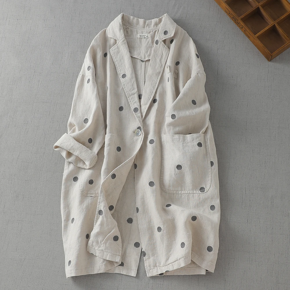 

Хлопково-льняной пиджак-кардиган женский средней длины, свободного кроя, больших размеров, с длинными рукавами, на пуговицах, верхняя одежда