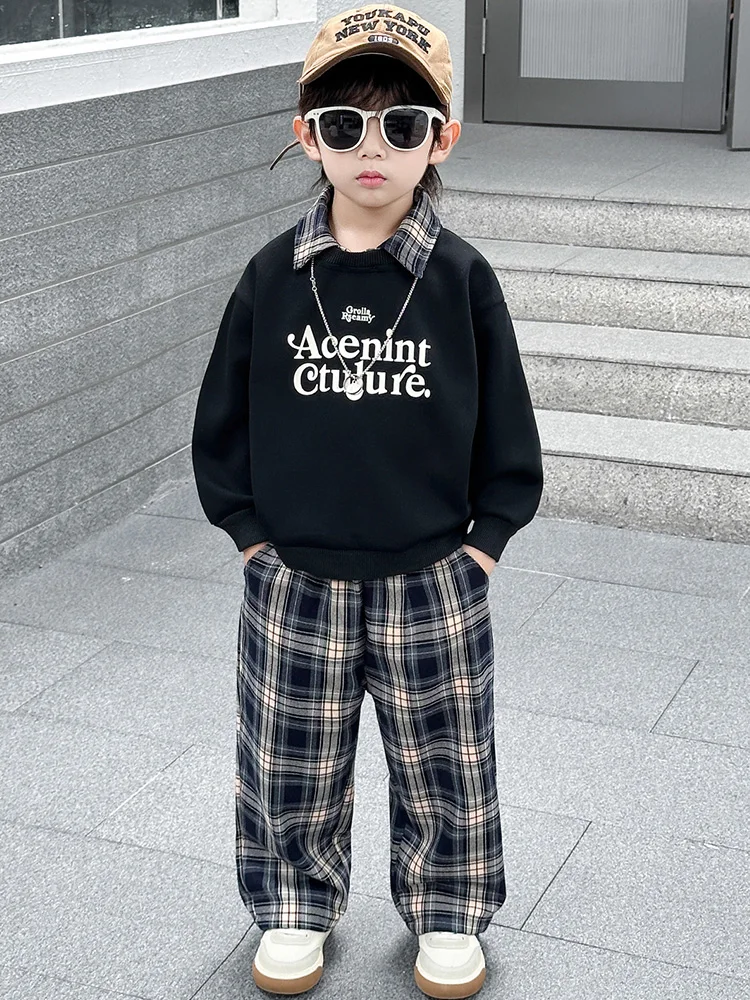 Fashion Boy Autumn 2pcs/Set Children Casual Sweatshirt & Plaid Pants Outfit Cool Kids Streetwear 2-10 Years