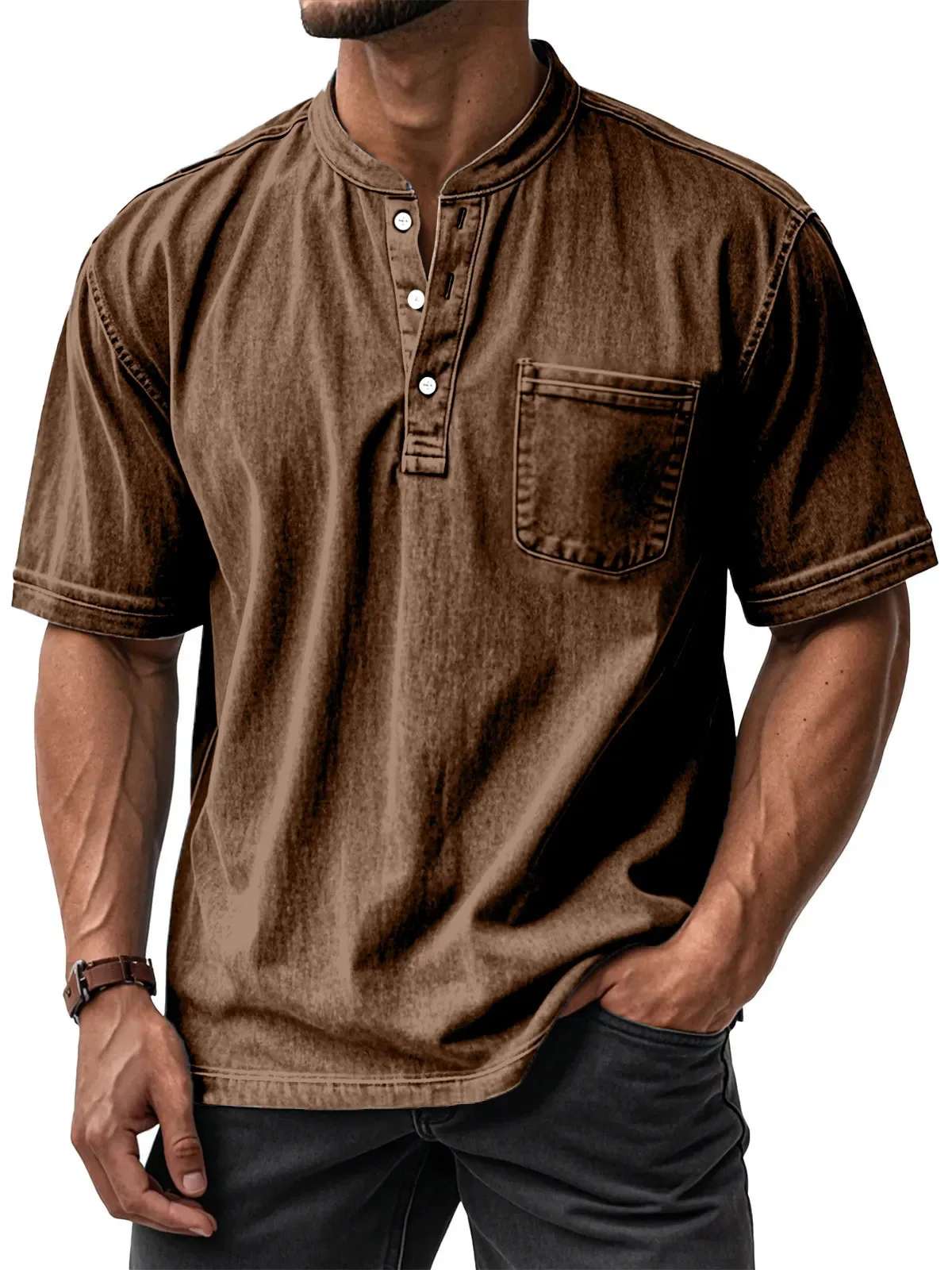 2026-Mens-Short-Sleeve-Button-Down-Round-Neck-Polo-Shirt--Sports-Casual-Business-Golf-Top-Lightweight-Fashion-Tee-solid-color