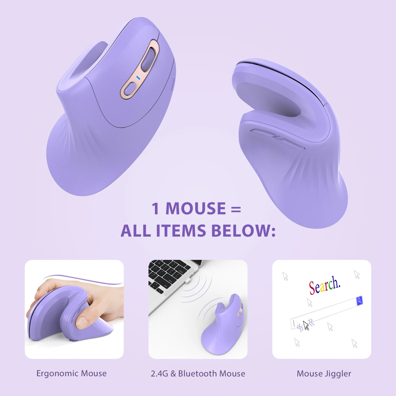 Seenda Ergonomic Vertical Mouse Jiggler Bluetooth 2.4g Wireless Mice for Computer Laptop Notebook PC Purple