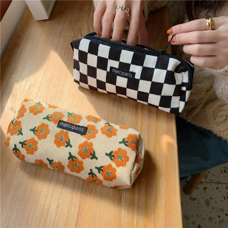 Vintage Floral Canvas Pencil Case Large Capacity Waterproof Stationery Storage for High School Students Daily Use