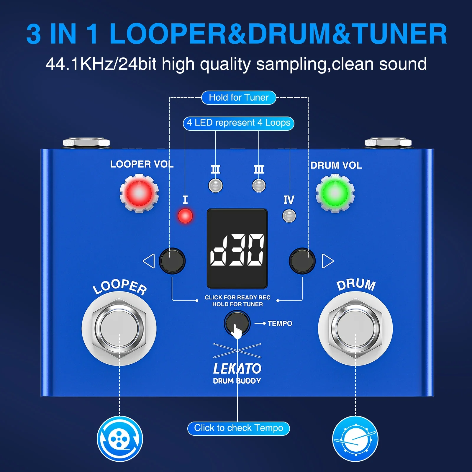 

Лекато Drum Machine Looper Pedal V2 со встроенным тюнером - Tap Tempo и режимы для электрогитары и бас-гитары