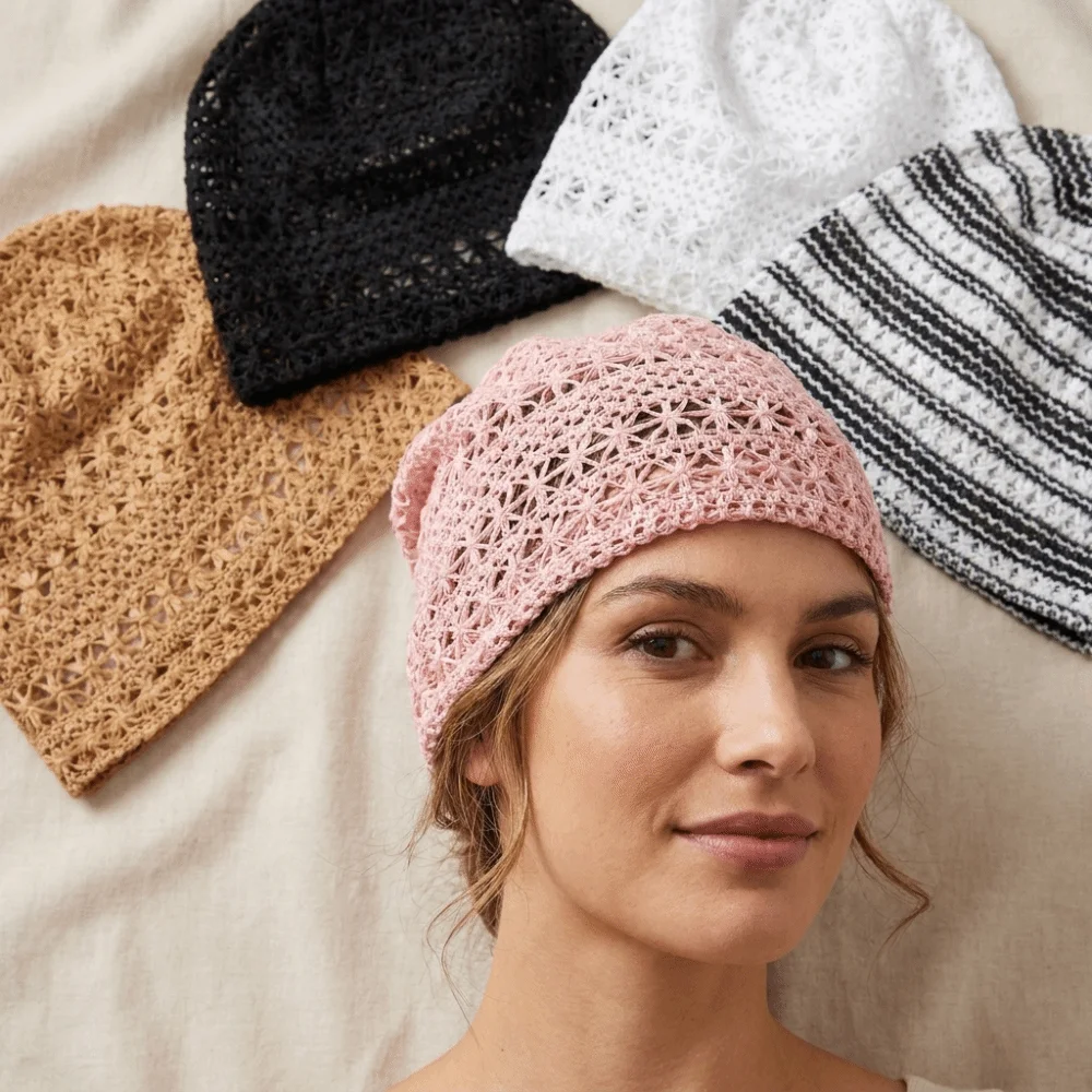 Elegant Lace Breathable Hollowed Hat Elastic Fit Soft Openwork Knit Hat Striped Pattern Lightweight Crochet Hat Vacation