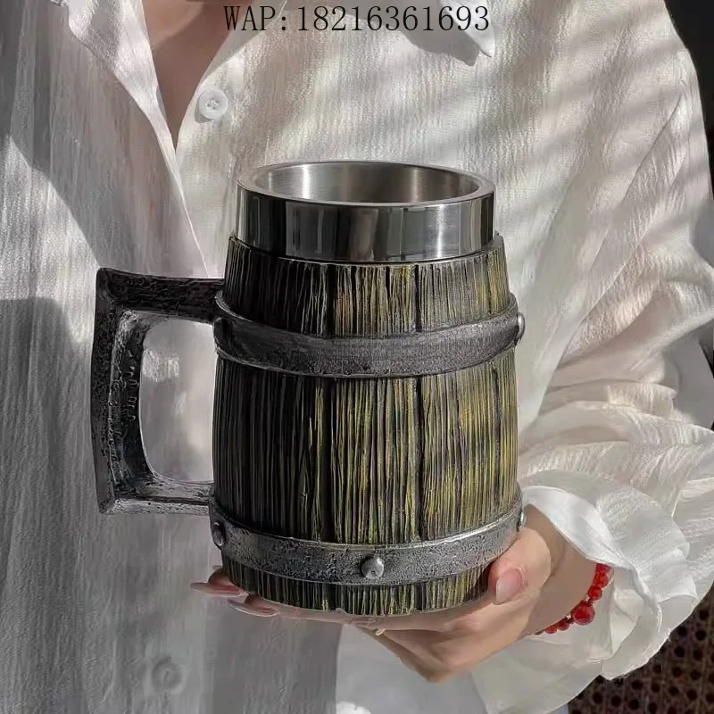 

Simulation wooden barrel beer cup creative stainless steel water cup